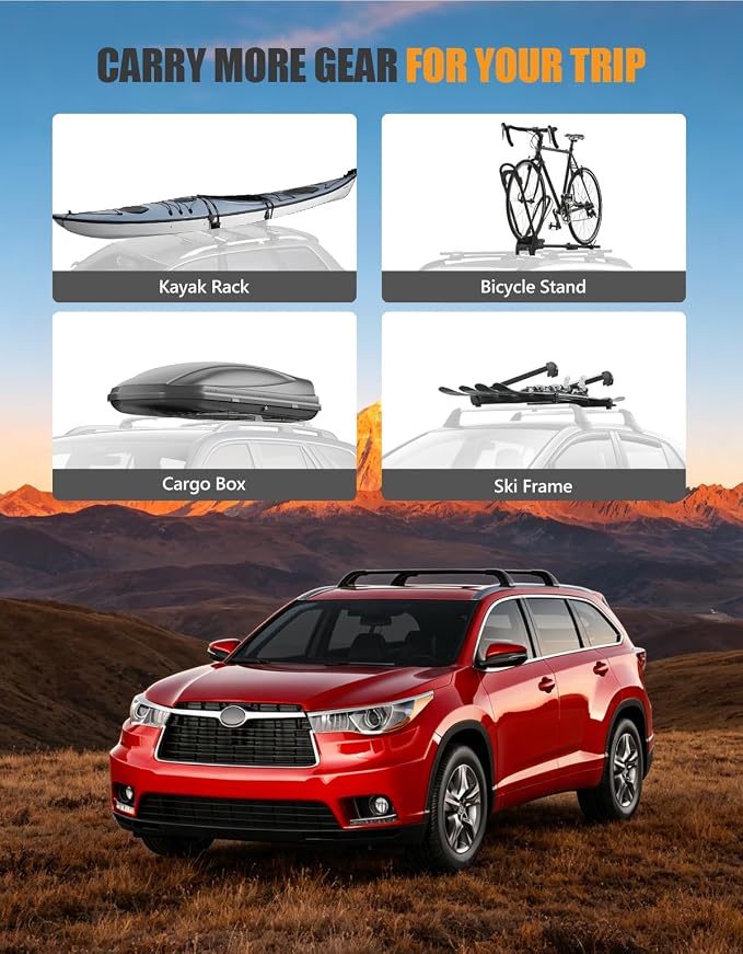 KINGGERI Lockable 220lbs Cross Bars Roof Racks Fit for Toyota Highlander 2014-2019 XLE Limited & SE LE & LE Plus, Aluminum Heavy Duty Roof Rails Crossbars Anti-Theft Metal Black Matte Luggage Kayak