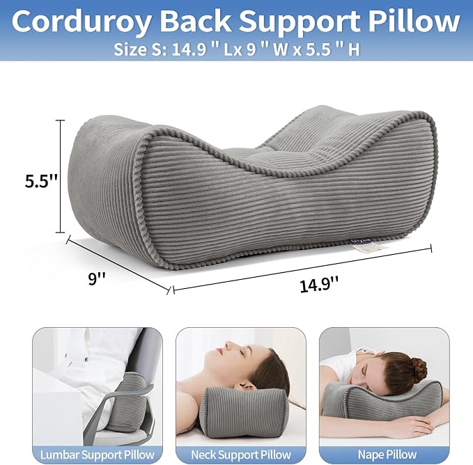 Lumbar Support Pillow for Study Desk Chair, Bite-Size Natural Latex Foam Back Support Pillow for Lower Back Pain Relief, Soft & Support Corduroy Office Chair Cushion, S, Gray