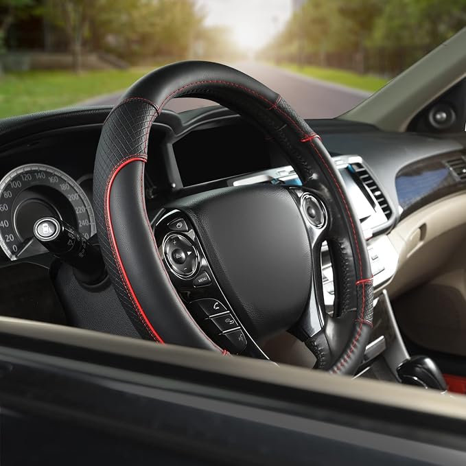 GIANT PANDA Microfiber Leather Steering Wheel Cover for Honda Accord,Civic,CR-V,HR-V,Pilot(Diamond-Pattern-Black+Red Line-Standard Size)