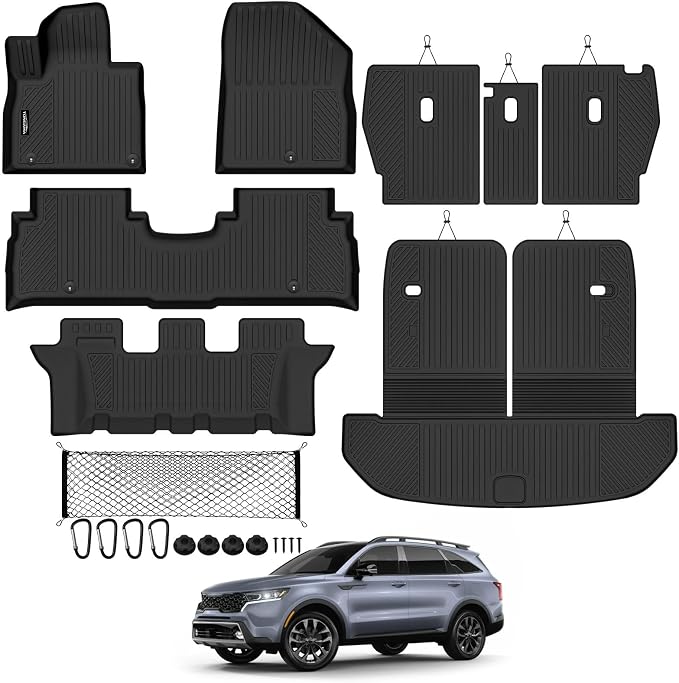 Tongama-Floor Mats for 2016-2020 Kia Sorento 7 Seats, All Weather TPE Floor Liners & 2nd Row Backrest Mats & Trunk Mat with Backrest Mat & Cargo Net for Kia Sorento Waterproof Interior Accessories