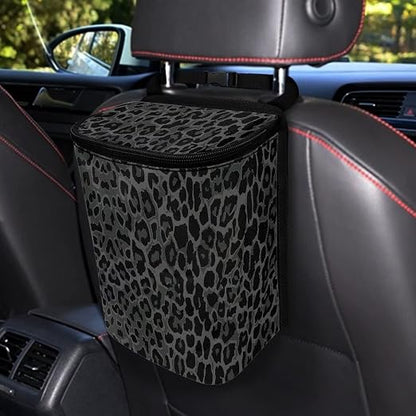 Talayituse Black Leopard Print Car Trash Can with Lid, Leak Proof Auto Trash Bag Hanging Vehicle Garbage Can Multipurpose Storage Container for Back Seat Road Trip