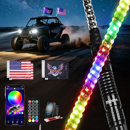 Nilight LED Whip Light 2PC 2FT Spiral RGB Antenna Whips with Spring Base, App/Remote Control DIY Chasing Patterns Brake & Reverse Turn Signal Lights for Side by Side ATV UTV RZR Can-Am Buggy Jeep