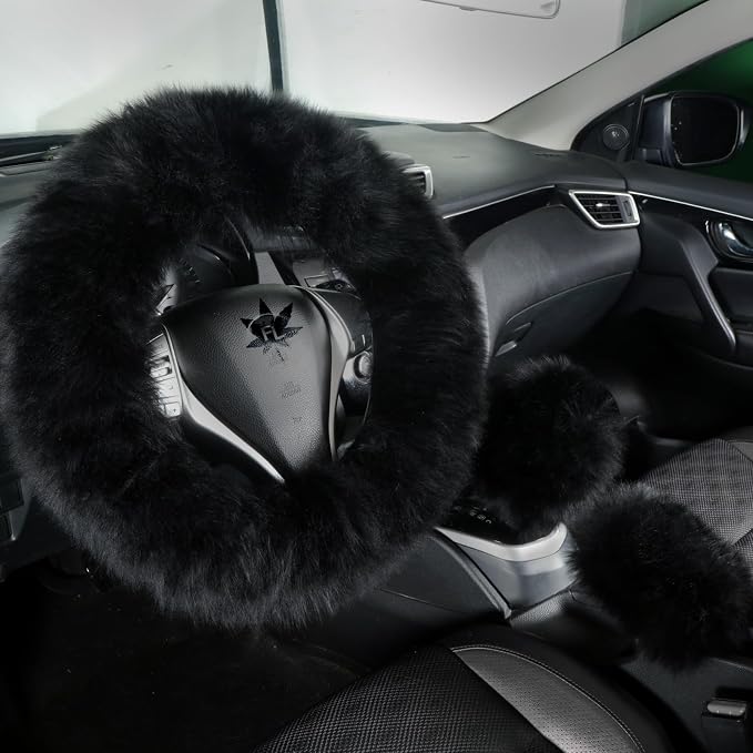 Fluffy Genuine Sheepskin Steering Wheel Cover Set for Women Parents-Fuzzy Soft Australian Merino Wool Wrap with Gear Shift and Hand Brake Covers, Cozy Stylish Luxury Car Accessories (Black)