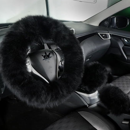Fluffy Genuine Sheepskin Steering Wheel Cover Set for Women Parents-Fuzzy Soft Australian Merino Wool Wrap with Gear Shift and Hand Brake Covers, Cozy Stylish Luxury Car Accessories (Black)