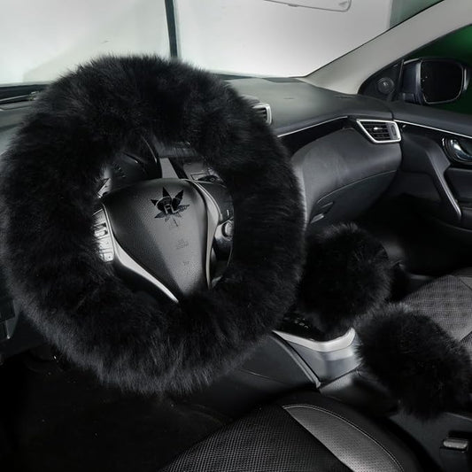 Fluffy Genuine Sheepskin Steering Wheel Cover Set for Women Parents-Fuzzy Soft Australian Merino Wool Wrap with Gear Shift and Hand Brake Covers, Cozy Stylish Luxury Car Accessories (Black)