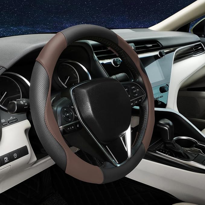 Steering Wheel Cover Universal Standard Size 14.5-15 inch, Non-Folding Packaging, Microfiber Leather, Anti-Slip, Soft Grip, Sporty Design, Fits for Cars SUVs Trucks, Black and Chocolate Brown