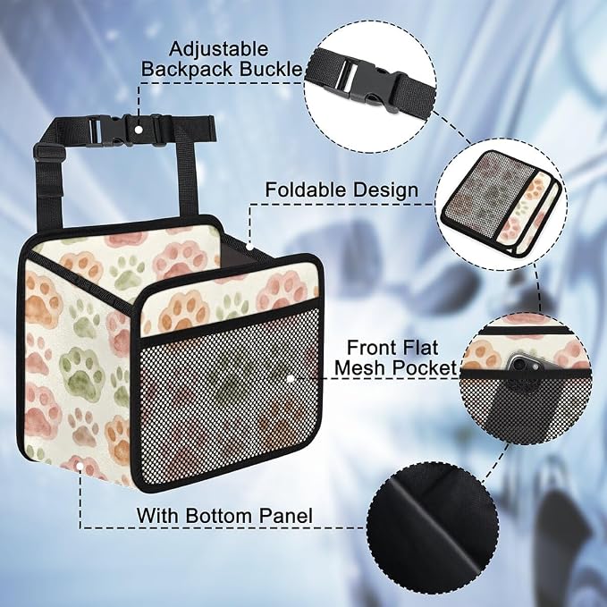 Car Backseat Organizer, PU Leather Back of Seat Car Hanging Organizer with Pockets Leakproof Car Garbage Bag Hanging Car Seat Storage Box Travel Accessories Foldable (Dogs Footprints)