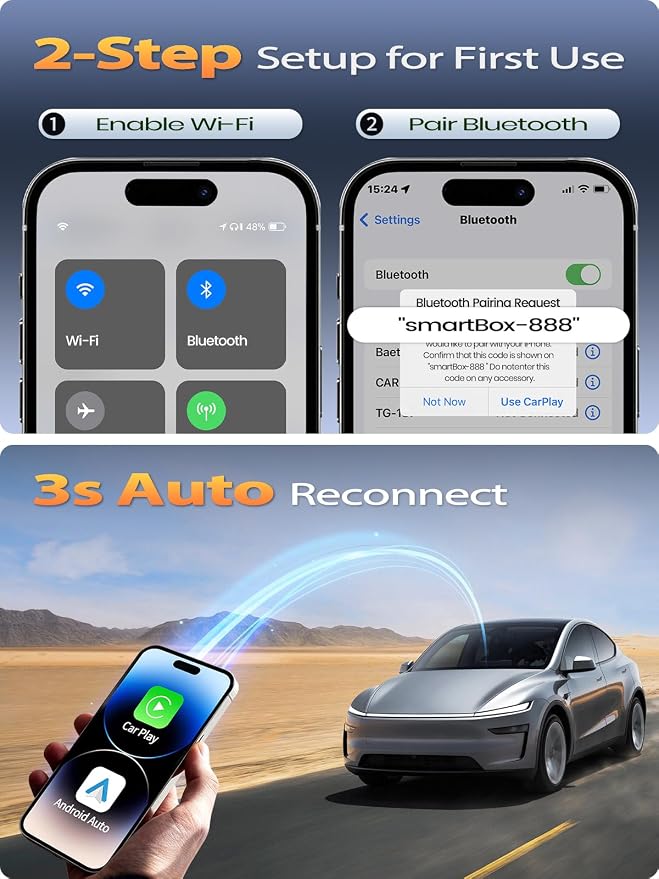 Wireless CarPlay & Android Auto Adapter, Convert Wired to Wireless, Fast Auto Connect and No Lag, Plug & Play USB with Gold-Plated Connector, Carbon Fiber Design, Compatible with iPhone & Android