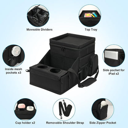 COOLBEBE Car Seat Organizer, Backseat Car Organizer with Cup Holders for Kids and Adults Travel, Cooler Compartment Passenger Seat Organizer Storage Box for Front or Middle Seat, Black