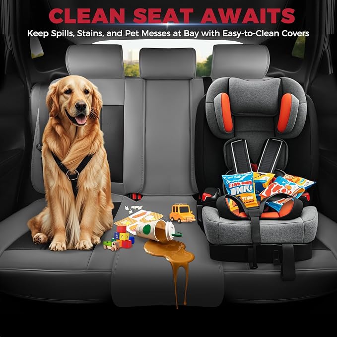 FREESOO Car Seat Covers Full Set, Black Gray Waterproof Car Seat Cover, Leather Seat Covers for Trucks, Luxury Car Seat Covers Front Seats and Auto Back, Car Seat Protector Cushion for Most SUV Cars