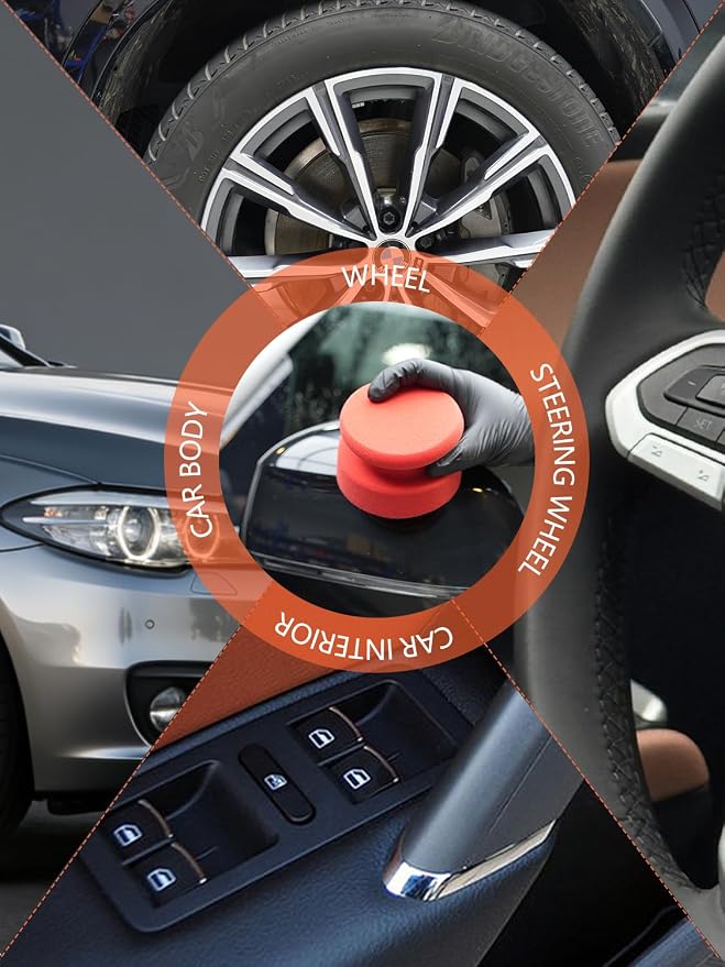 SPTA Tire Shine Applicator, 6Pcs Foam Applicator Pads, Round Shape Side Pressing Hand Polishing Sponge Pads Kit Tire Shine Applicator Pad Tire Dressing Applicator Pad for Applying Tire Shine