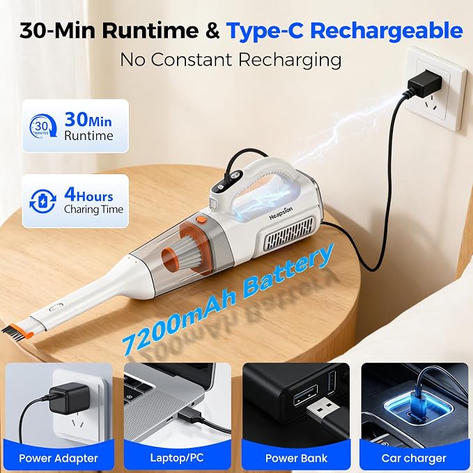 Heapsion Handheld Vacuum Cleaner Cordless, 7000Pa Suction, Portable Pet Hair Vacuum, 30-Min Runtime Rechargeable Type-C, Lightweight with Telescopic Tube for Car, Home & Office, with Telescopic Tube