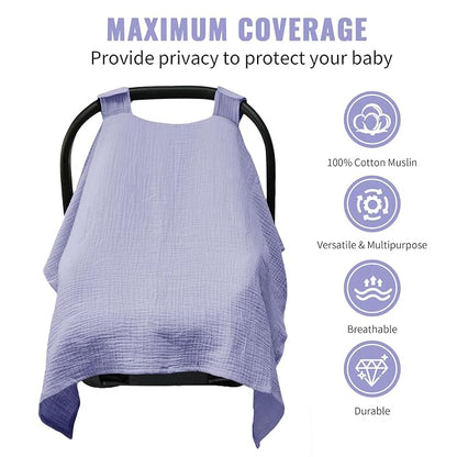 Metplus Muslin Car Seat Cover for Babies, 100% Cotton Breathable Infant Carseat Canopy for Summer, Lightweight Stroller Sunshade Covers for Newborns(Purple)