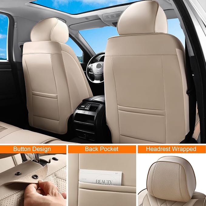 Car Seat Covers Front Seats Beige, Luxury Leather Automotive Seat Covers with Lumbar Support, Waterproof Car Seat Protector Universal Fit for Most Cars Trucks Pick-ups SUVs