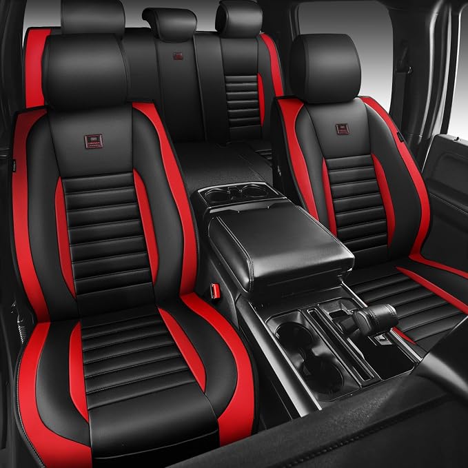 CAR PASS Nappa Leather Car Seat Covers Full Set, Luxury Seat Protector for Cars, Waterproof Anti-Slip Seat Cushion Armrest Compatible Airbag Universal for Sedan SUV Pick-up Truck Auto, Black Red