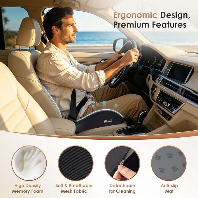FLORICH Upgrade Large Car Seat Cushion for Long Sitting, Ergonomic Memory Foam Driving Seat Cushion for Back & Sciatica Pain Relief, Non-Slip Washable Seat Cushion for Car, Driver, Office-Black