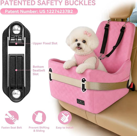 PETSFIT Dog Car Seat for Small/Medium Dogs Up to 35 lbs – Patented Safety System, 5" Memory Foam Pet Booster Car Seat, Fully Detachable and Washable Dog Carseat with 2 Storage Pockets (Pink)