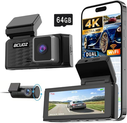 BCUOZ 4K Dual Dash Cam Front and Rear, GS200 170° Wide Angle Night Vision with 3.39” IPS Touchscreen, WiFi App Control, Night Vision, G-Sensor Loop Recording, 64GB Card Included Parking Monitoring