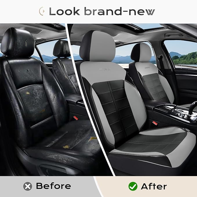 Coverado Front Seat Covers 2 Pieces Universal Seat Cover for Cars Breathable Leather Waterproof Car Seat Cover Driver Seat Cover Automotive Car Seat Cushion Fit for Most Cars SUV Trucks, Gray&Black