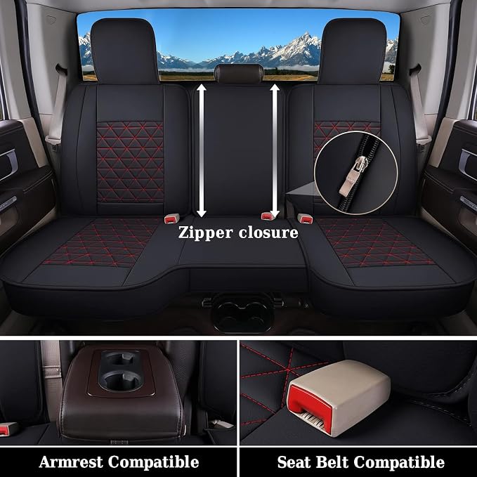 Coverado Seat Covers for Dodge Ram Full Set, Waterproof Truck Car Seat Cover Protectors Custom Fit for 2002-2026 Dodge RAM 1500 2500 3500 with Curved Bench(Red)