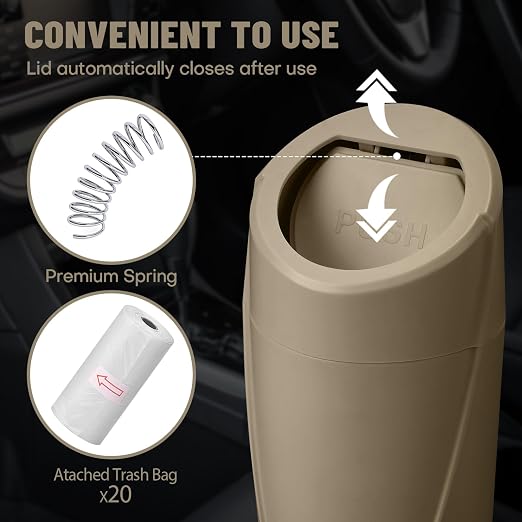 Car Trash Can Bin with Lid - Car Garbage Can Cup Holder - Beige Mini Leakproof Vehicle Trash Garbage Can Bin with 20pcs Trash Bags-Car Organizers and Storage for Front Back Seat Accessories