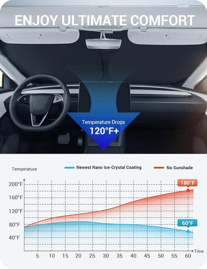 BASENOR 2026-2017 Tesla Model Y Model 3 Windshield Sunshade [Nano Ice Crystal], Folding Front Window Sun Shade, Heat UV Protection for Tesla Accessories