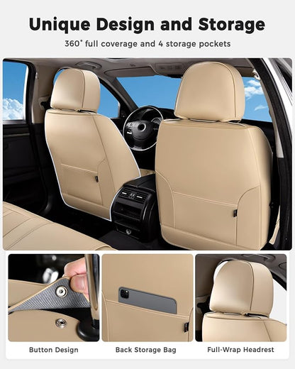 Huidasource Seat Covers Full Set, Universal Fit for Most Cars SUVs Trucks, Full Coverage Leather Automotive Seat Cover, Airbag, Cupholder Compatible, Seat Function Retain, Velcro Adjustable, Beige