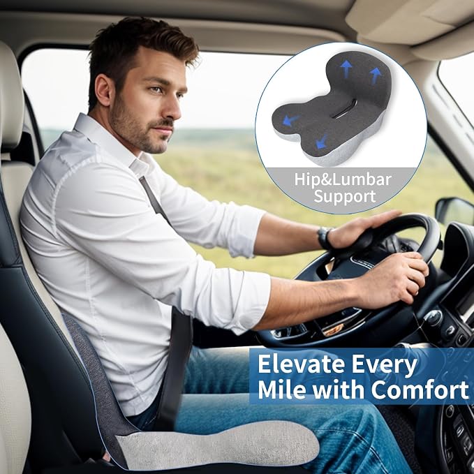 Memory Foam Seat Cushion,Office Chair Cushion with Lumbar Support for Back Pressure Relief, Car Seat Cushion with Adjustable Strap,Sciatica Pad Cushions for Car,Truck, Desk (Black+Grey)