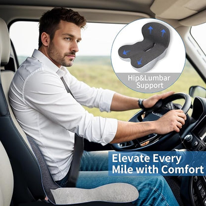 Memory Foam Seat Cushion,Office Chair Cushion with Lumbar Support for Back Pressure Relief, Car Seat Cushion with Adjustable Strap,Sciatica Pad Cushions for Car,Truck, Desk (Black+Grey)