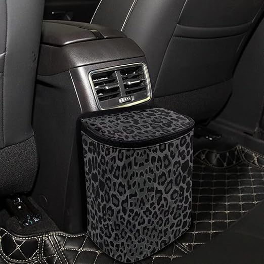 Talayituse Black Leopard Print Car Trash Can with Lid, Leak Proof Auto Trash Bag Hanging Vehicle Garbage Can Multipurpose Storage Container for Back Seat Road Trip