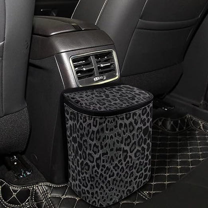 Talayituse Black Leopard Print Car Trash Can with Lid, Leak Proof Auto Trash Bag Hanging Vehicle Garbage Can Multipurpose Storage Container for Back Seat Road Trip