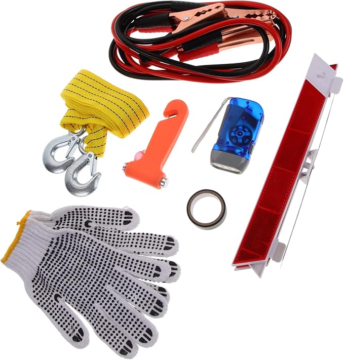Car Roadside Emergency Tool Kit 8-Piece Multi-Function Vehicle Safety Set for Roadside Assistance Includes Tow Strap First Aid Kit and Reflective Vest