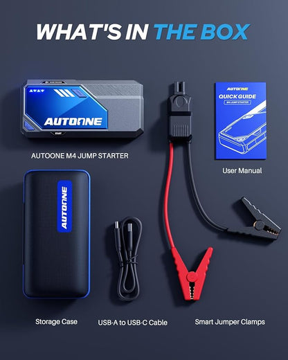 AUTOONE M4 Jump Starter 8000A Car Battery Jumper Starter Portable, 12V Jump Pack (All Gas/12L Diesel) Jump Box for Car Battery with Built-in Booster, Storage Case, LED Light, Jumper Cables