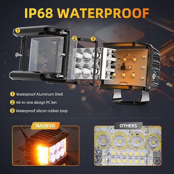 NAOEVO 4 Inch Strobe LED Light Pods, Amber White Blue Red Side Shooter, 6 Modes 60W Off Road Light with Memory Function, Emergency Fog Driving Work Light for Truck Boat ATV SUV with Wiring Harness