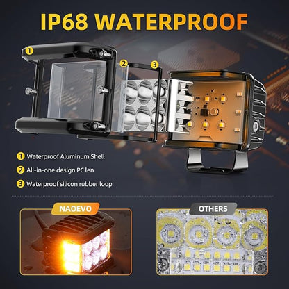 NAOEVO 4 Inch Strobe LED Light Pods, Amber White Blue Red Side Shooter, 6 Modes 60W Off Road Light with Memory Function, Emergency Fog Driving Work Light for Truck Boat ATV SUV with Wiring Harness