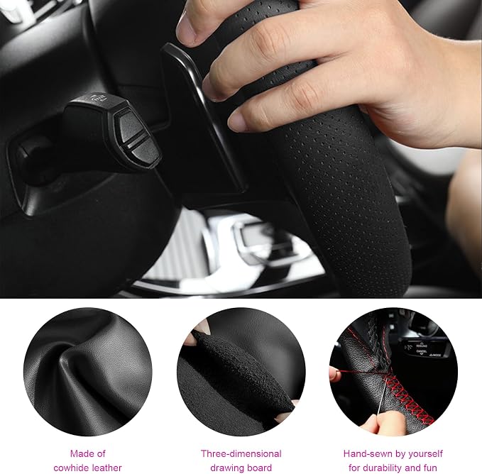 Ziciner Genuine Leather Steering Wheel Cover, Stitch on Wrap, Breathable Anti-Slip Car Steering Wheel Protector for Max Diameter 15 Inch, DIY Sewing with Needles Thread (Black, Middle Hole)