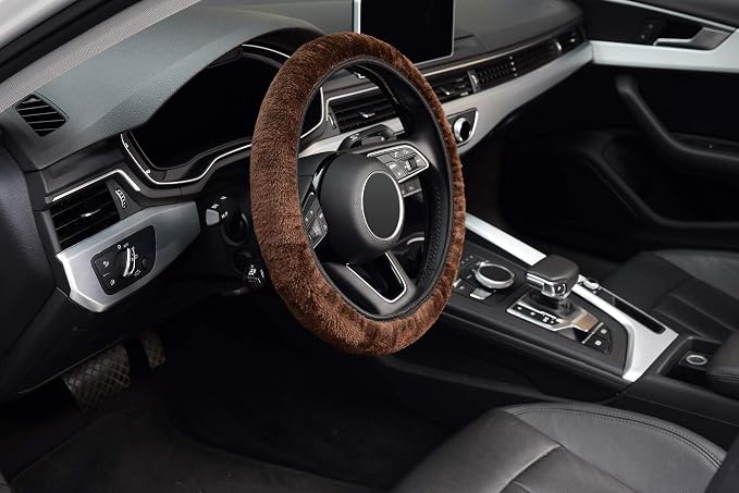 KAFEEK Elastic Long Microfiber Plush Steering Wheel Cover for Winter Warm, Universal 15 inch, Anti-Slip, Odorless, Brown
