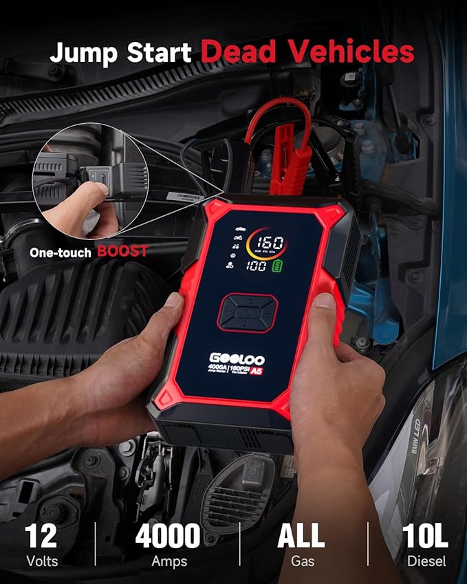 GOOLOO A5 Jump Starter with Air Compressor, 4000A Car Battery Jump Starter (All Gas/10.0L Diesel) with 160PSI Tire Inflator Auto-Off, 45W PD Fast Charging, 12V Jump Box Car Jumper Starter Portable