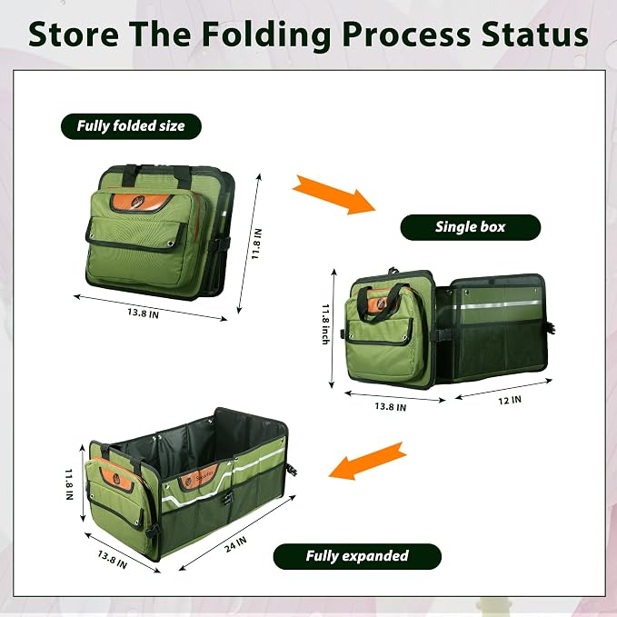 SugarFox Trunk Organizer, Heavy-Duty Storage for Car & SUV, Foldable Waterproof Car Organizer with Cooler, Collapsible Multi-Compartment Storage, 95L-M003 (Standard Green, Standard)