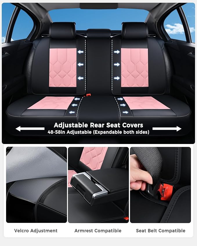 Huidasource Seat Covers Full Set, Universal Fit for Most Cars SUV Trucks, Full Coverage Leather Seat Cover, Airbag, Cupholder Compatible, Seat Function Retain, Easy Install with Velcro, Black & Pink