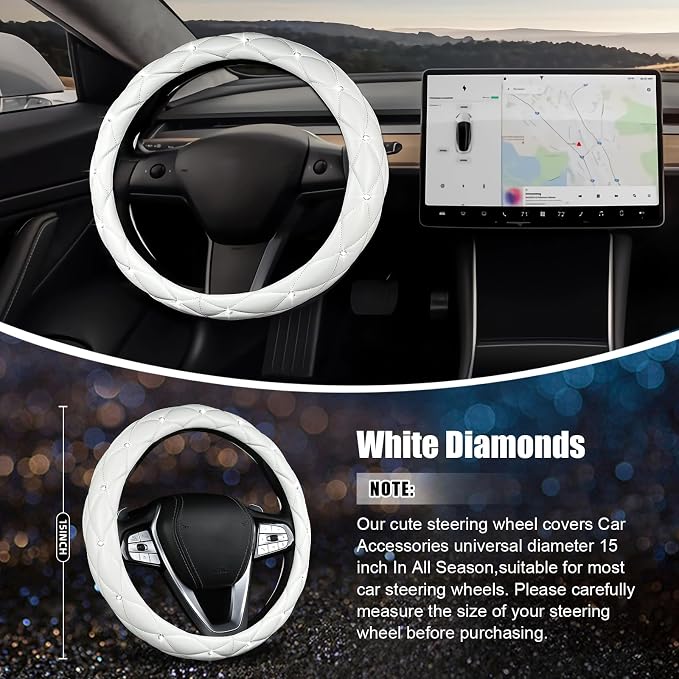 SuperKaKa Steering Wheel Cover, Auto Cute PU Diamond Bling Breathable Soft Comfort Leather Car Interior Accessories Sparkly Fit Most O-Shaped Steering Wheels for Women Men (White)