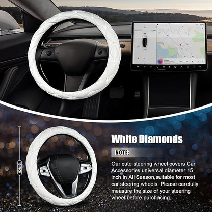 SuperKaKa Steering Wheel Cover, Auto Cute PU Diamond Bling Breathable Soft Comfort Leather Car Interior Accessories Sparkly Fit Most O-Shaped Steering Wheels for Women Men (White)