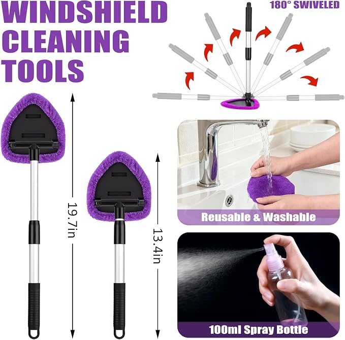 Windshield Cleaner Tool, 17Pcs Car Interior Detailing Kit, Detailing Brush, Towels, Duster, Car Cleaning Kit Interior for RVs, Truck, Trailer (Purple)