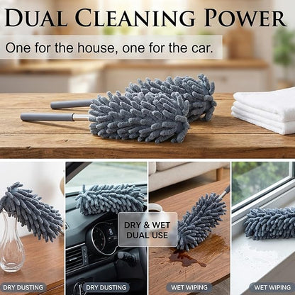 2 Pack Microfiber Duster for Cleaning, Washable Dusters, Extendable Pole, Up to 30 Inch Reachable, Wet and Dry Use Cleaning Tools for Car, Ceiling Fan, Window, Furniture, Office