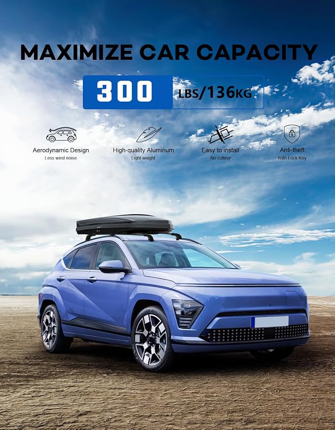Wonderdriver Roof Rack Cross Bars 300lbs Compatible with Hyundai Kona & Kona Electric 2024 2025 2026, Heavy Duty Aluminum Lockable Roof Rails Crossbars Black Rooftop Cargo Carrier Luggage