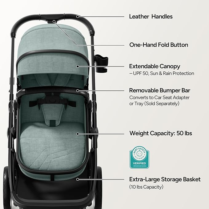 Mompush Wiz 2 in 1 Baby Stroller with Infant Pramette Mode, One Hand Fold Convertible Newborn to Toddler Stroller with Reversible Seat and Large UPF 50+ Canopy