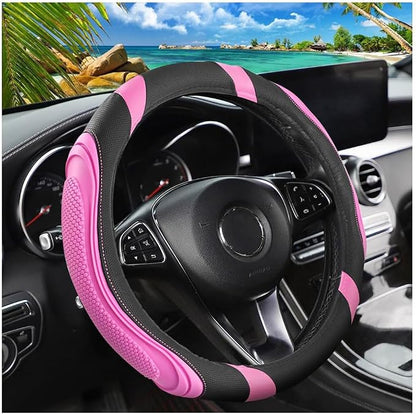 Osilly 15 Inch Car Leather Steering Wheel Cover, Automotive Accessories Elastic Breathable Anti-Slip Soft Wheel Protector Fits Men and Women, Suitable for SUVs, Trucks, Vehicles and RVs (Pink)