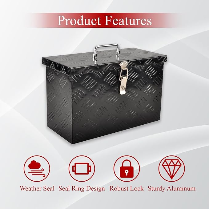 16''Inch Aluminum Truck Tool Box Truck Bed Toolbox Truck Trailer Chest Box Trailer Underbody Storage Organizer Waterproof Square Storage Organizer w/Lock & Keys Black(‎16" Lx7.5 Wx10 H)