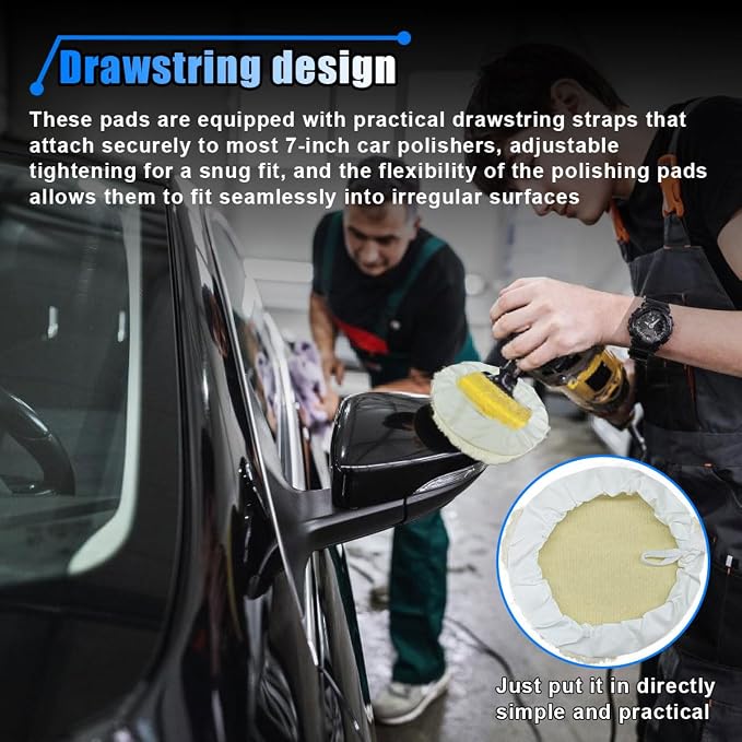 6PCS 7 Inch Car Wool Polishing Pad, Buffing Pad with Drawstring for Car Waxing & Cleaning, Polishing Bonnet for Vehicle, Glass, Furniture, Auto Polisher Pad Kit for Drill Buffer