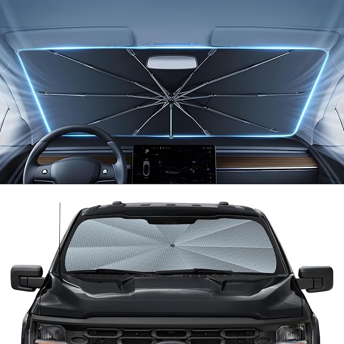 Autorder Windshield Sun Shade Umbrella for 2021-2026 Ford F-150 F-250 F-350 Accessories,Upgraded Ice Crystal Material,Easy Setup Umbrella Sunshade for Car Windshield,100% Sun Blocking